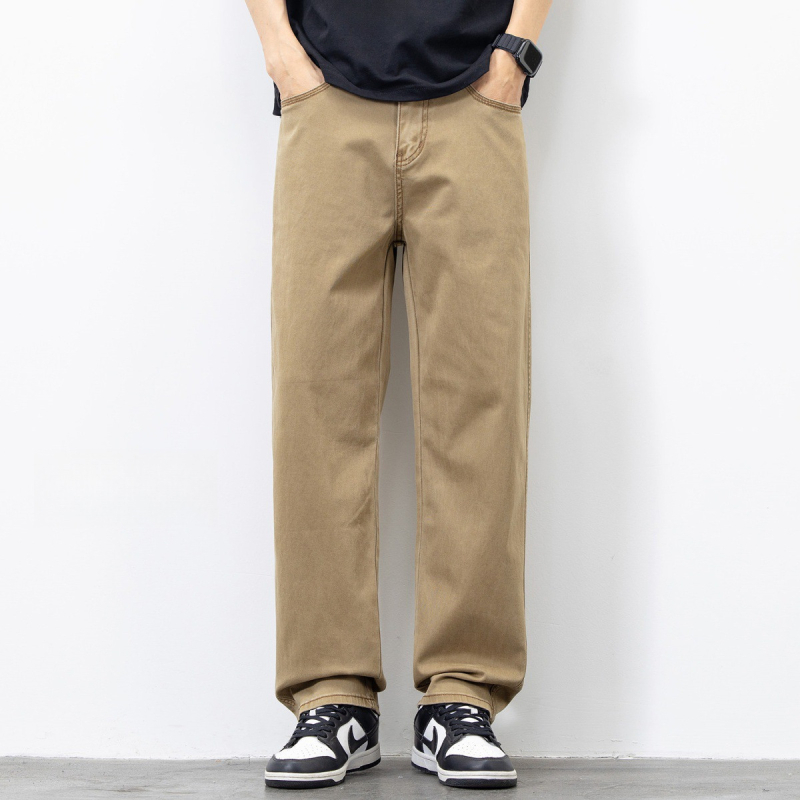 Férfiak számára tervezett elasztikus farmerek, egyenes szárú, lazább fazon, modern amerikai casual stílus, plusz méret, khaki színű hosszúnadrág, új modell