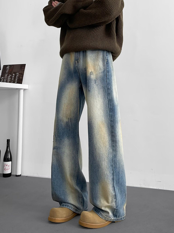 Férfiaknak szóló denim farmer, amerikai utcai stílus, mosott, vintage kopás, mikro flare szabás
