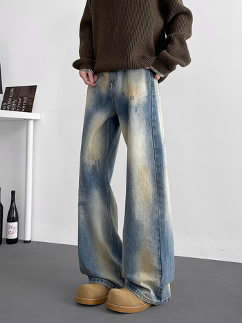 Férfiaknak szóló denim farmer, amerikai utcai stílus, mosott, vintage kopás, mikro flare szabás