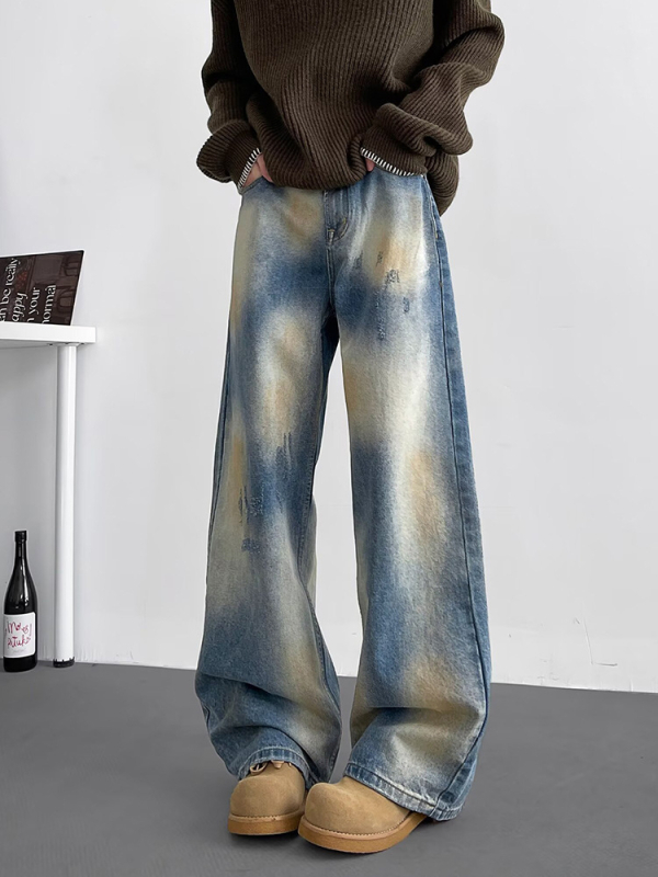 Férfiaknak szóló denim farmer, amerikai utcai stílus, mosott, vintage kopás, mikro flare szabás