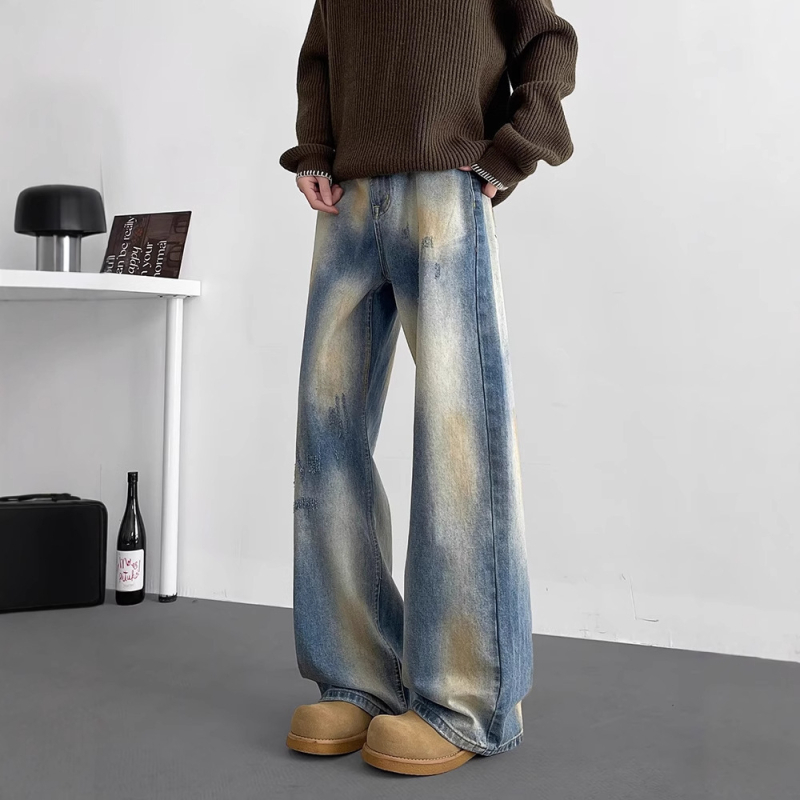 Férfiaknak szóló denim farmer, amerikai utcai stílus, mosott, vintage kopás, mikro flare szabás