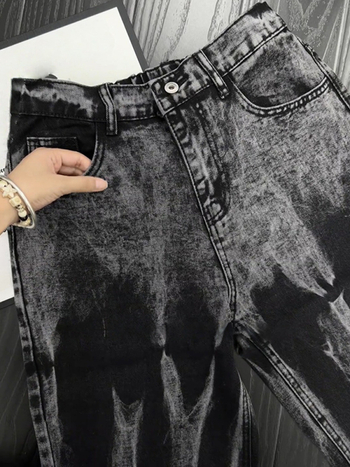 Férfi denimnadrág gradient tie-dye, kopott mosott hatás, széles szárú, egyenes szabás