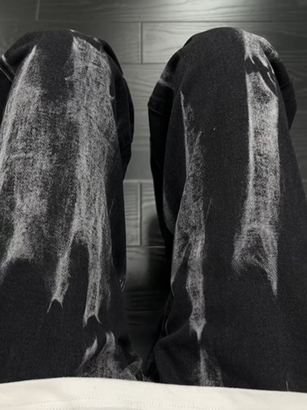 Férfi denimnadrág gradient tie-dye, kopott mosott hatás, széles szárú, egyenes szabás