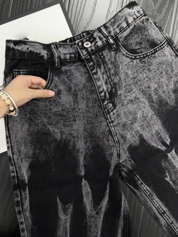 Férfi denimnadrág gradient tie-dye, kopott mosott hatás, széles szárú, egyenes szabás