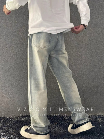 Férfi farmernadrág csillagos ég mintával, laza szabás, tavasz–ősz stílus, mosott vintage kék, egyenes szár