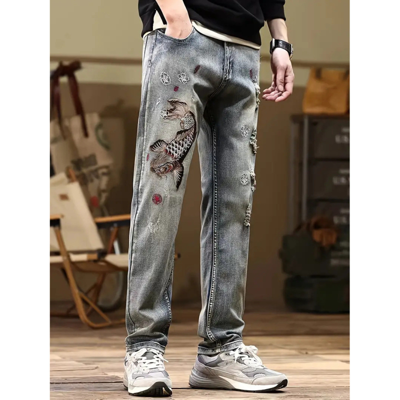 Férfi hímzett farmernadrág, egyenes szabás, slim fit, repesztett részletek, denim