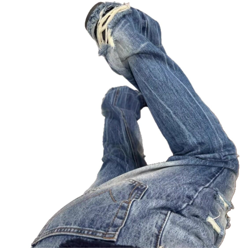 Férfi denim farmernadrág, amerikai retro stílusban, repesztett, enyhén bővülő szár, egyenes szabású, mindennapi