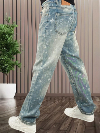 Férfi farmernadrág 2026 tavasz, amerikai stílusú, divatmárkás egyedi mintával, finom luxus, sokoldalú, mosott denim, egyenes szabás