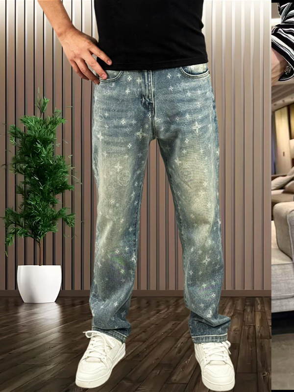 Férfi farmernadrág 2026 tavasz, amerikai stílusú, divatmárkás egyedi mintával, finom luxus, sokoldalú, mosott denim, egyenes szabás