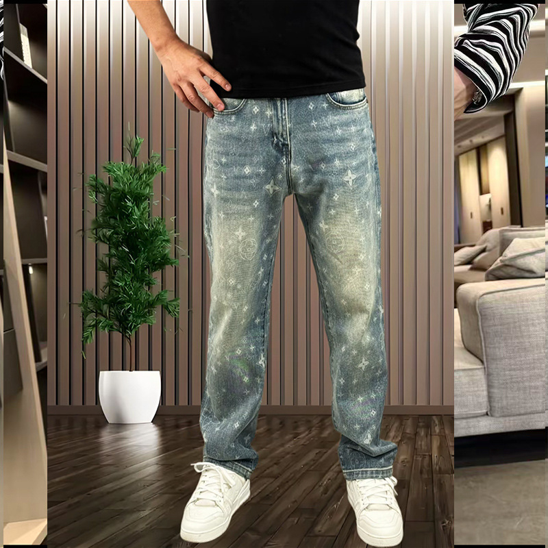 Férfi farmernadrág 2026 tavasz, amerikai stílusú, divatmárkás egyedi mintával, finom luxus, sokoldalú, mosott denim, egyenes szabás