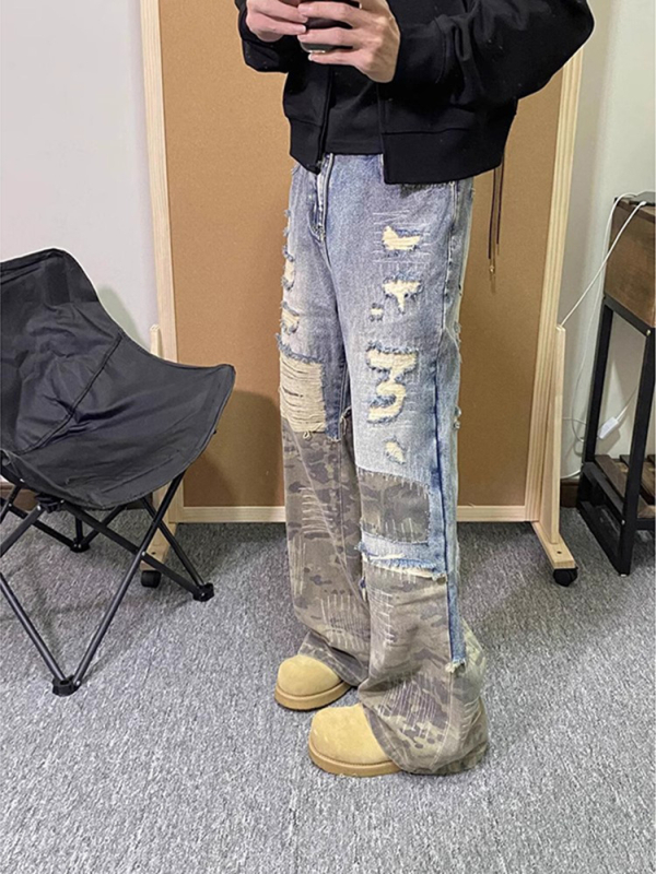 Férfiak számára készült amerikai retro stílusú farmernadrág, hamis két-darab hatású dizájn camuflázs patchworkkel, tiszta szabás, egyenes szár