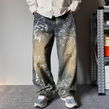 Amerikai stílusú nehéz denim nadrág férfiaknak, prémium kivitelű varrásokkal, laza szabás, széles szárú, egyenes fazon, streetwear