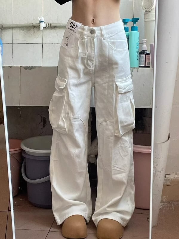 Traperice s američkim retro dizajnom i plisiranjem, radničkog stila, unisex, ležernog uličnog stila, s višestrukim džepovima, ravni kroj