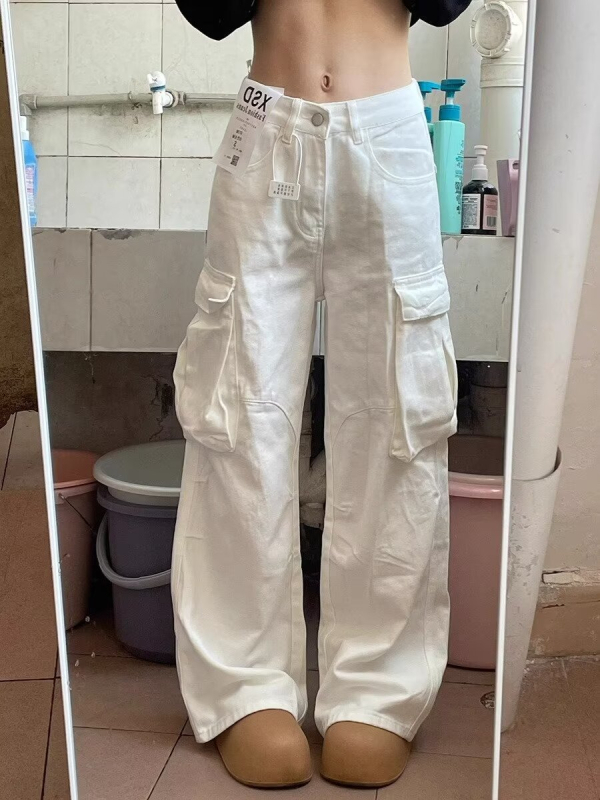 Traperice s američkim retro dizajnom i plisiranjem, radničkog stila, unisex, ležernog uličnog stila, s višestrukim džepovima, ravni kroj