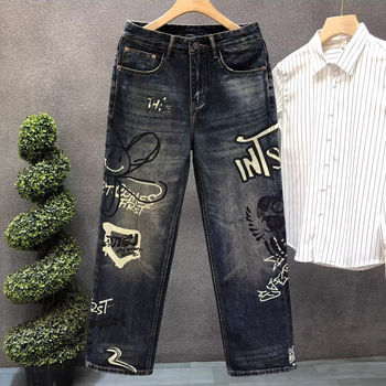Férfi farmernadrág denim vintage stílusban kézzel festett graffiti dizájnnal, laza szabású, széles egyenes fazon