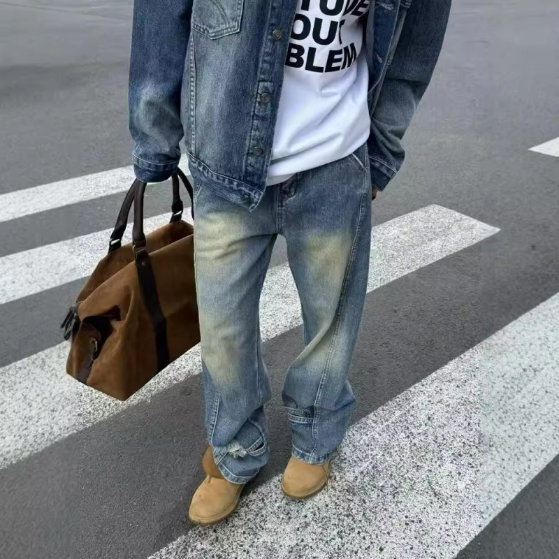 Egyenes szabású farmer, vintage mosott hatás és kopott részletek
