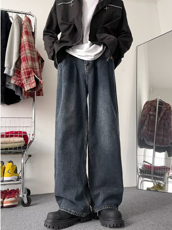 Férfi denim nadrág széles lábakkal, őszi retro stílus, laza szabás, karcsúsító hatás