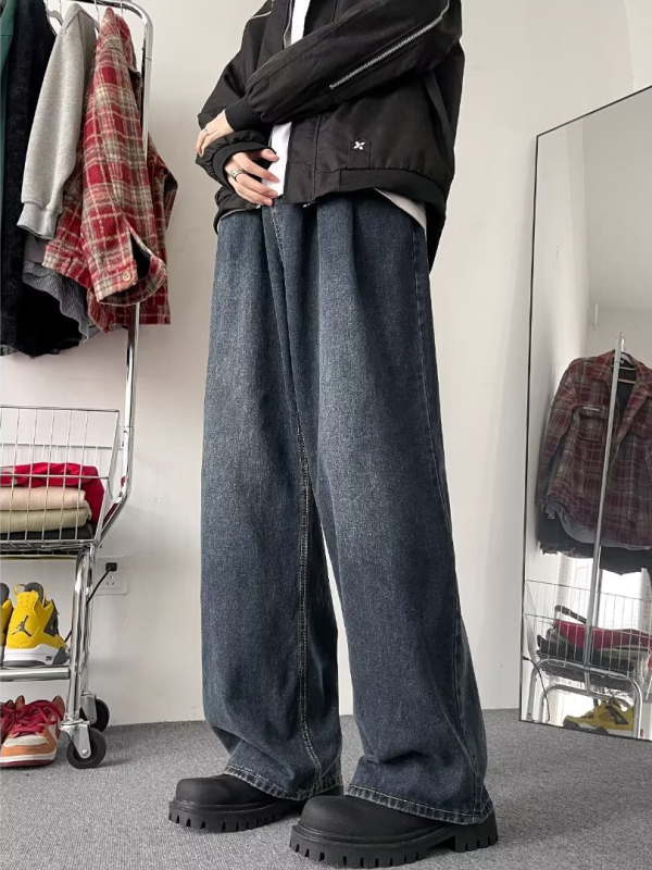 Férfi denim nadrág széles lábakkal, őszi retro stílus, laza szabás, karcsúsító hatás