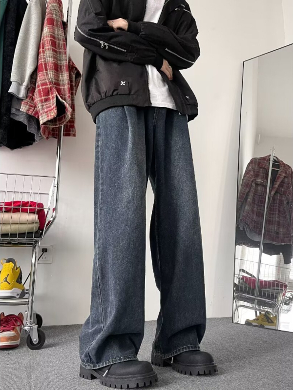 Férfi denim nadrág széles lábakkal, őszi retro stílus, laza szabás, karcsúsító hatás