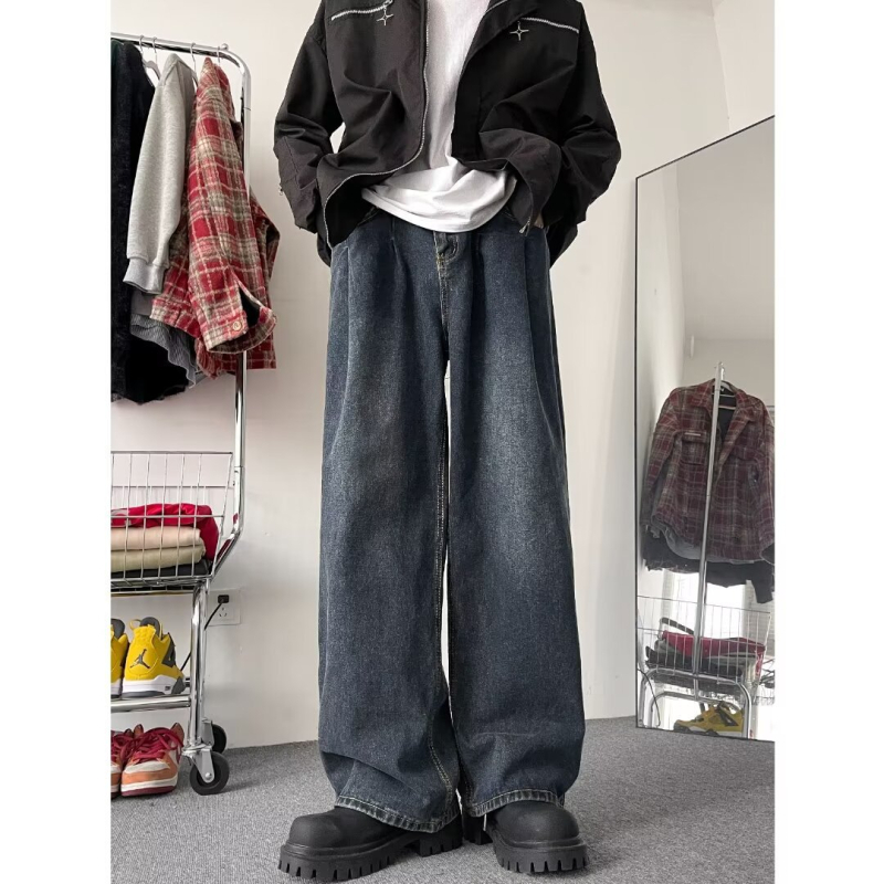 Férfi denim nadrág széles lábakkal, őszi retro stílus, laza szabás, karcsúsító hatás