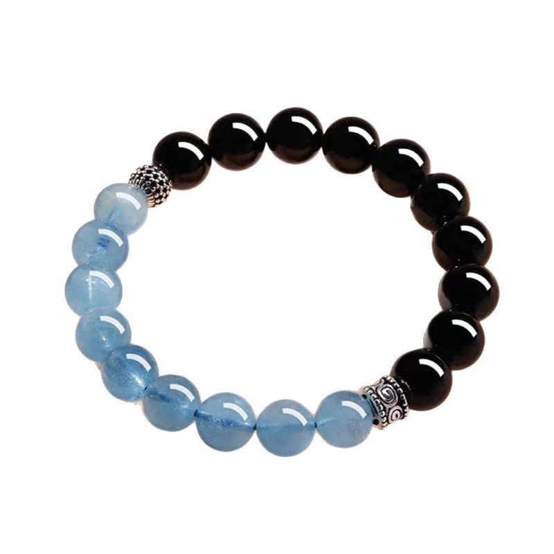 Unisex dvobojna narukvica s akvamarinskim kristalom i obsidianom, dar za godinu zodijaka, umjetni kristal