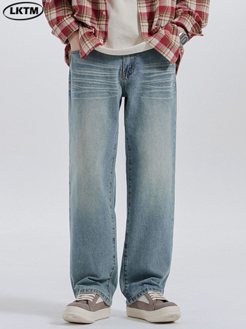 LKTM Férfi denim nadrág - Vintage mosott, Cat Whisker Fade, laza szabású egyenes szabás, középmagasság, zsebbészletek