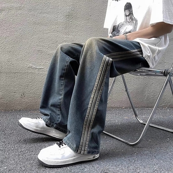 Muške traperice s bočnom trakom, ravni kroj, srednji pojas, lagani denim