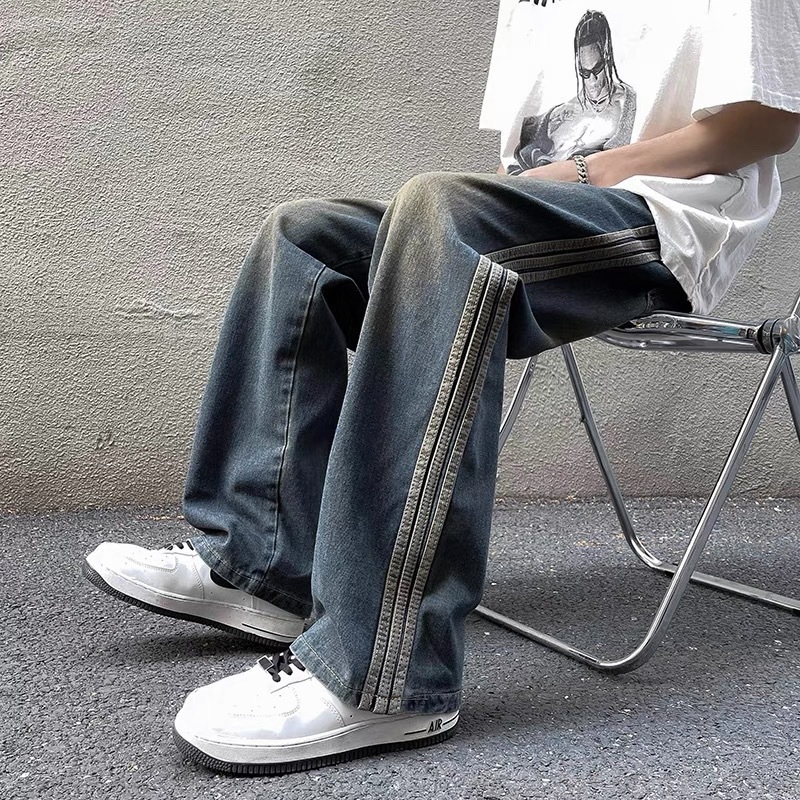 Muške traperice s bočnom trakom, ravni kroj, srednji pojas, lagani denim