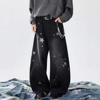 Férfi denim nadrág, hip-hop mosott, ősz, magas derekú, lazán szabott, széles szárú, csillagos mintával