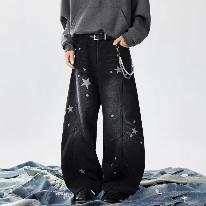 Férfi denim nadrág, hip-hop mosott, ősz, magas derekú, lazán szabott, széles szárú, csillagos mintával