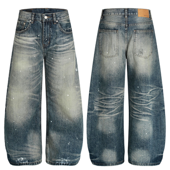 G6866 Férfi denimnadrág laza szabású, spray dizájn macskamintával, retro amerikai high street stílus