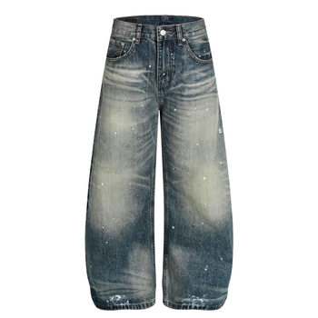 G6866 Férfi denimnadrág laza szabású, spray dizájn macskamintával, retro amerikai high street stílus