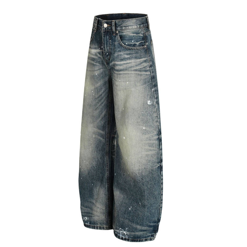 G6866 Férfi denimnadrág laza szabású, spray dizájn macskamintával, retro amerikai high street stílus