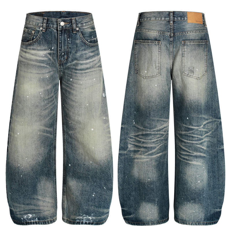 G6866 Férfi denimnadrág laza szabású, spray dizájn macskamintával, retro amerikai high street stílus