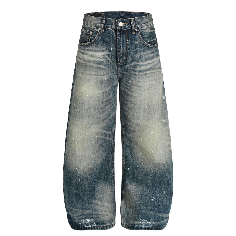 G6866 Férfi denimnadrág laza szabású, spray dizájn macskamintával, retro amerikai high street stílus
