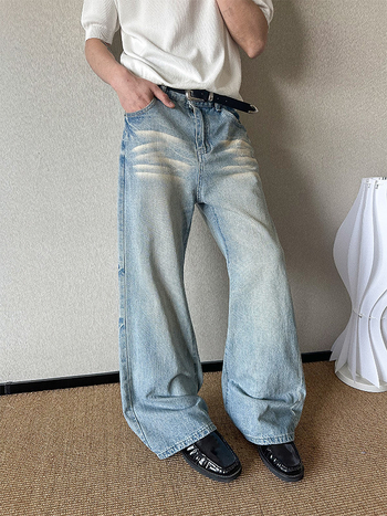 Férfi BF farmernadrág, világoskék mosott, distressed whiskers részletekkel, széles szárú, laza, egyenes szabás, padlóig érő