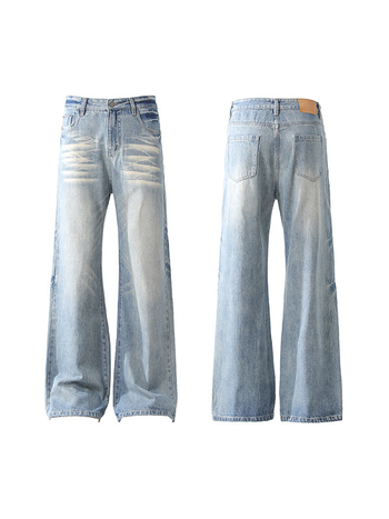 Férfi BF farmernadrág, világoskék mosott, distressed whiskers részletekkel, széles szárú, laza, egyenes szabás, padlóig érő