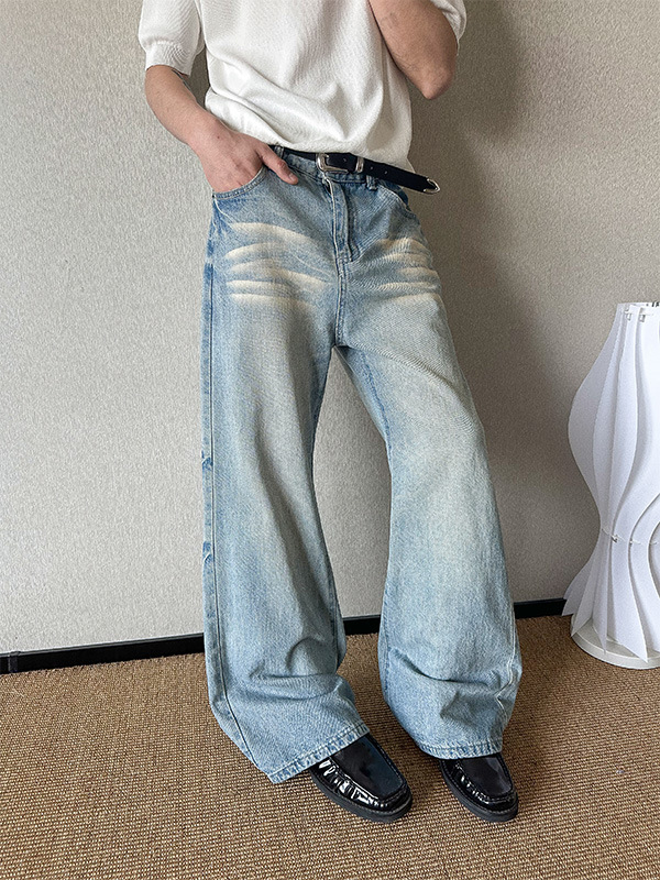 Férfi BF farmernadrág, világoskék mosott, distressed whiskers részletekkel, széles szárú, laza, egyenes szabás, padlóig érő