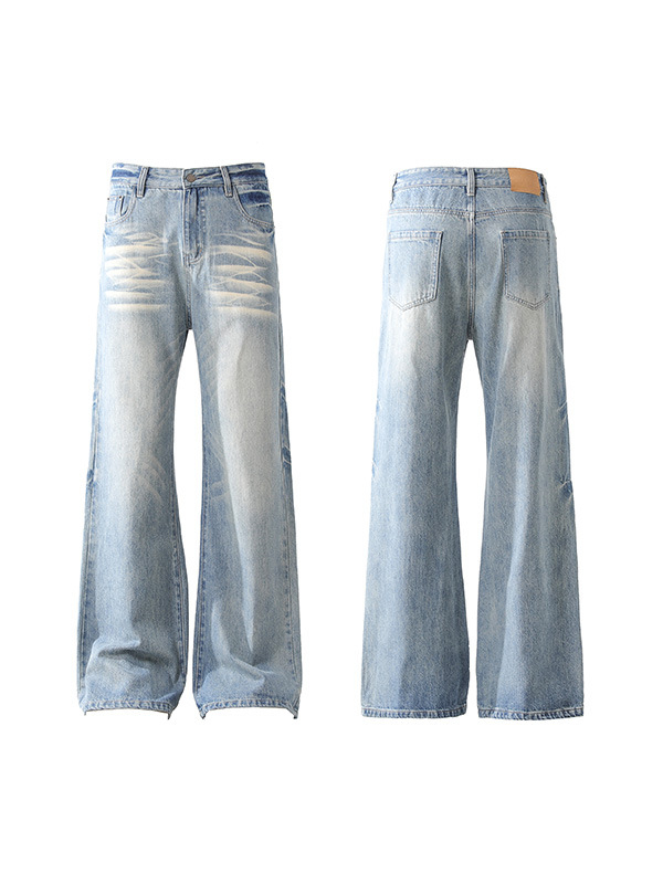 Férfi BF farmernadrág, világoskék mosott, distressed whiskers részletekkel, széles szárú, laza, egyenes szabás, padlóig érő