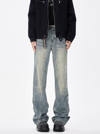 Férfi denim farmernadrág macskamintás és bambusz textúrával, laza egyenes szabás, retro amerikai streetwear, enyhén bővülő nadrág