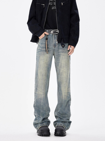 Férfi denim farmernadrág macskamintás és bambusz textúrával, laza egyenes szabás, retro amerikai streetwear, enyhén bővülő nadrág