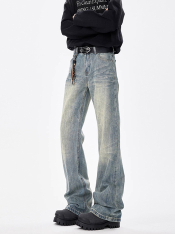 Férfi denim farmernadrág macskamintás és bambusz textúrával, laza egyenes szabás, retro amerikai streetwear, enyhén bővülő nadrág