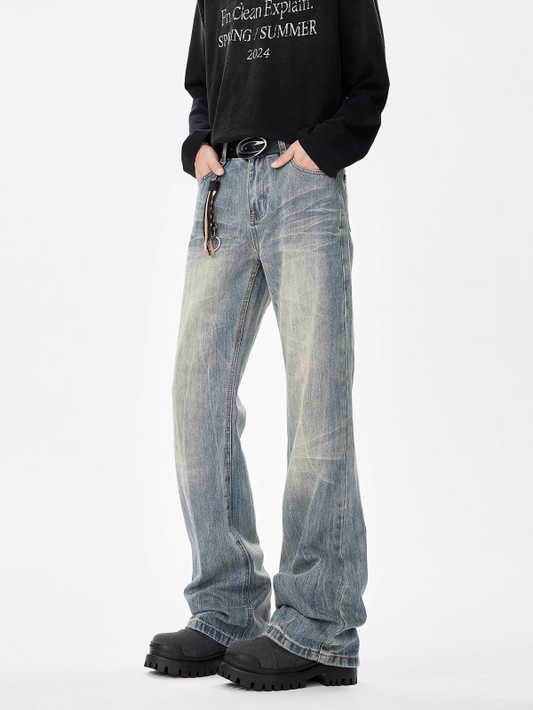 Férfi denim farmernadrág macskamintás és bambusz textúrával, laza egyenes szabás, retro amerikai streetwear, enyhén bővülő nadrág