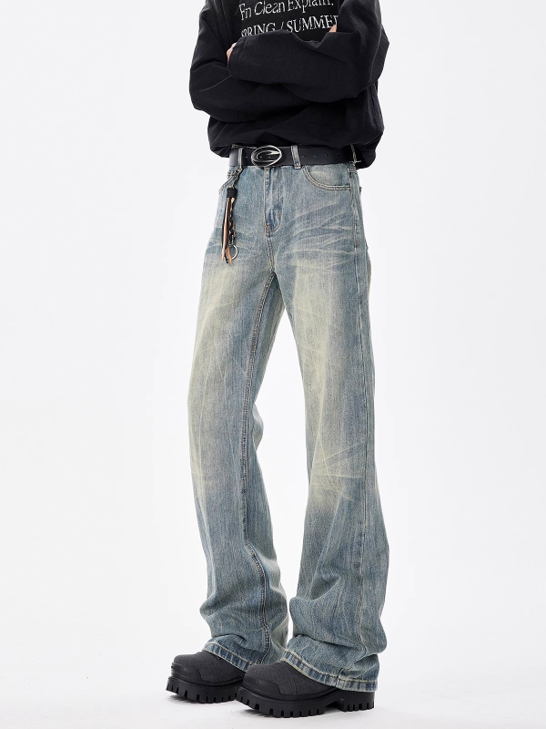 Férfi denim farmernadrág macskamintás és bambusz textúrával, laza egyenes szabás, retro amerikai streetwear, enyhén bővülő nadrág