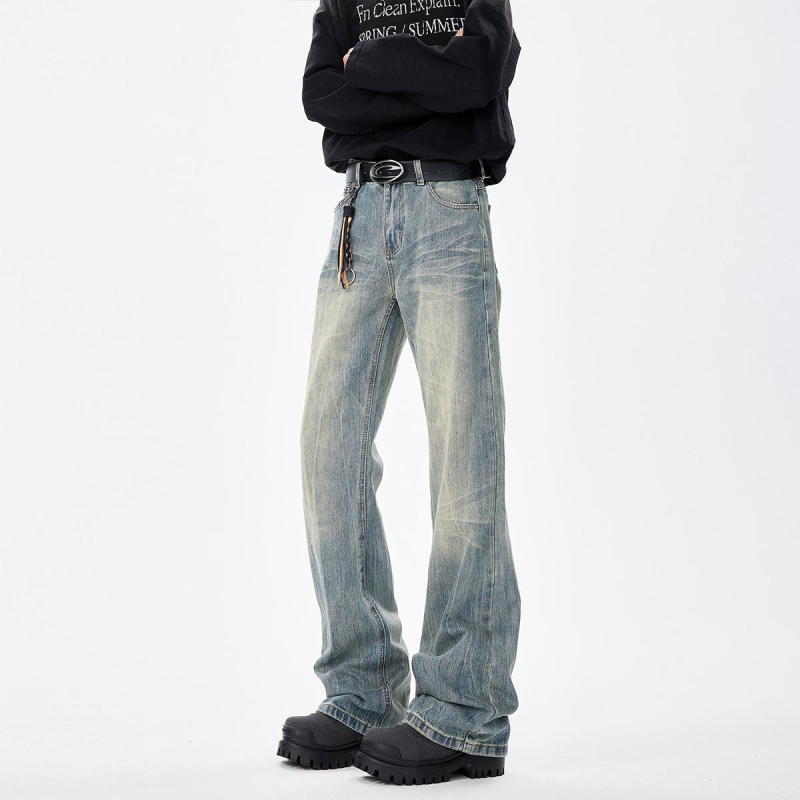 Férfi denim farmernadrág macskamintás és bambusz textúrával, laza egyenes szabás, retro amerikai streetwear, enyhén bővülő nadrág