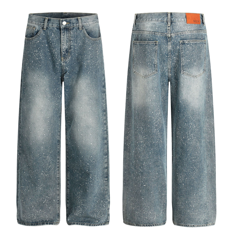 L821 Uniszex denimnadrág, amerikai High Street stílus, retro dizájn gyémántmosott kék, laza szabású