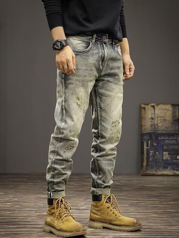 Férfi denim nadrág szakított díszítéssel, amerikai stílusban, vintage mosás, karcsú szabásvonal, elasztikus, egyenes szár