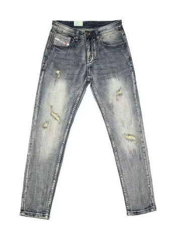 Férfi denim nadrág szakított díszítéssel, amerikai stílusban, vintage mosás, karcsú szabásvonal, elasztikus, egyenes szár