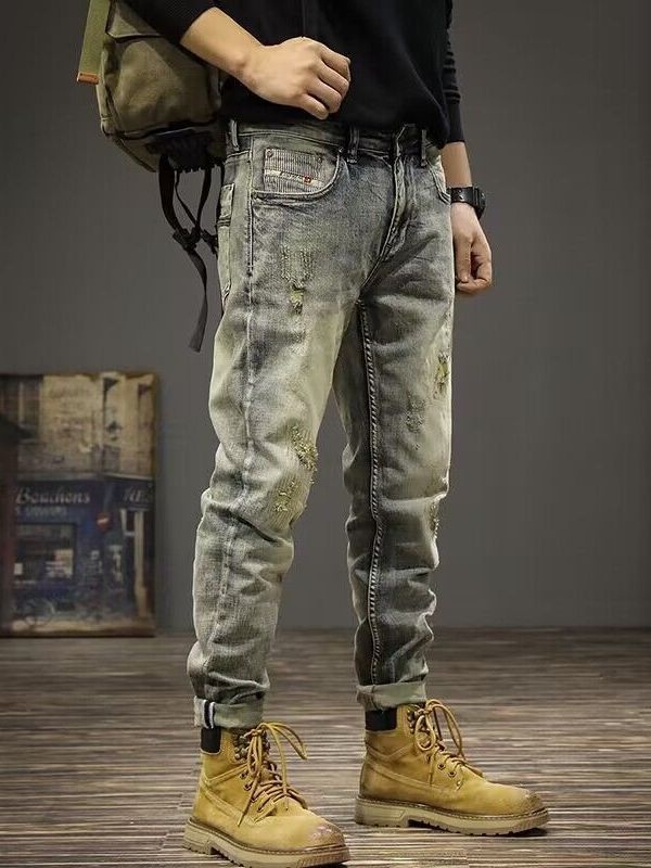 Férfi denim nadrág szakított díszítéssel, amerikai stílusban, vintage mosás, karcsú szabásvonal, elasztikus, egyenes szár