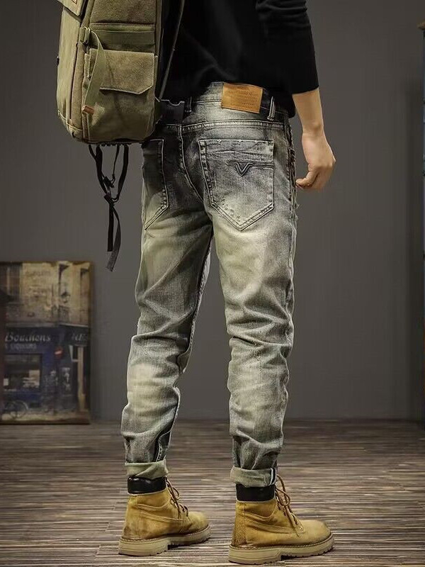 Férfi denim nadrág szakított díszítéssel, amerikai stílusban, vintage mosás, karcsú szabásvonal, elasztikus, egyenes szár